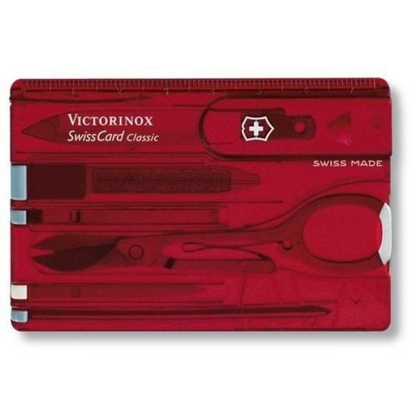 Sveitsiläinen taskuveitsi - VICTORINOX - SwissCard 0.7100.T - Läpinäkyvä punainen - 10 nerokasta toimintoa Gennemsigtig rød