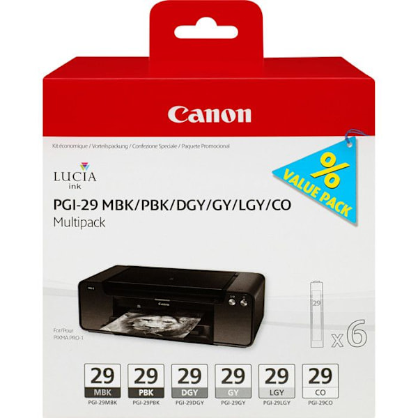 CANON PGI-29 mustesuihkukasetti - mattamusta, valokuvamusta, tummanharmaa, harmaa, vaaleanharmaa, väri