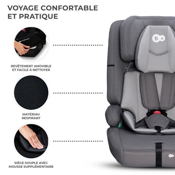 Bilstol I-size 76-150 cm - KINDERKRAFT SAFETY FIX2 - fra 15 måneder til 12 år - Isofix montering - Justerbart hovedstøtte - Grå grå