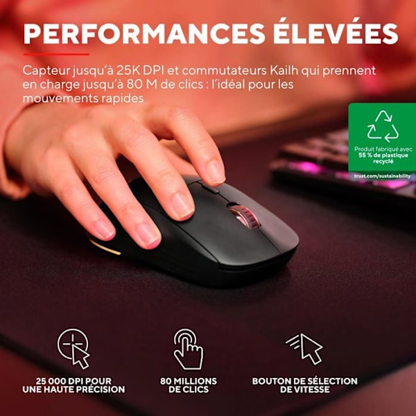 Gamingmus - Trust Gaming - GXT 927 Redex+ - 25K DPI - Trådløs - RGB-belysning
