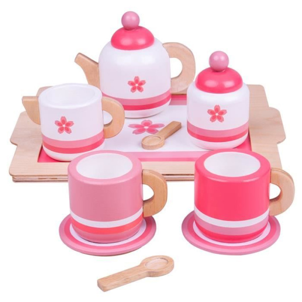 Puinen teepeli - Bigjigs Toys - Vaaleanpunainen teetarjotin - Mixed - Lapset - 9 elementtiä rosa