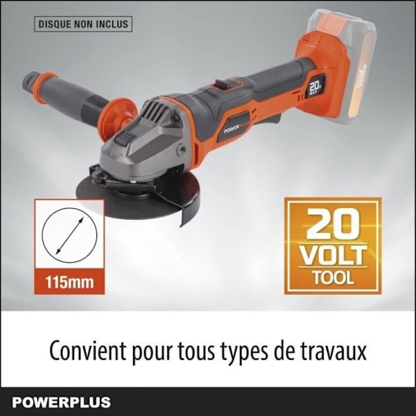 Trådløs 20V vinkelsliber - Dual Power - POWDP35100 - Slibeskive Ø115mm - Kompakt - uden batteri eller oplader Orange - Sort