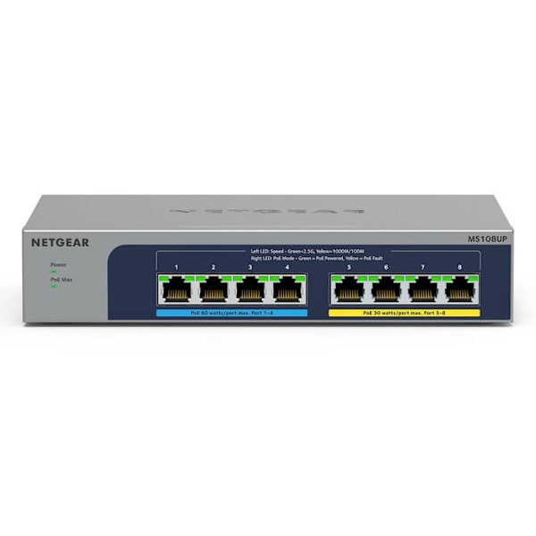 NETGEAR Plus MS108EUP - Switch - Managed - 4 x 100/1000/2,5G (PoE++) + 4 x 100/1000/2,5G (PoE+) - stationär, väggfäste - Po