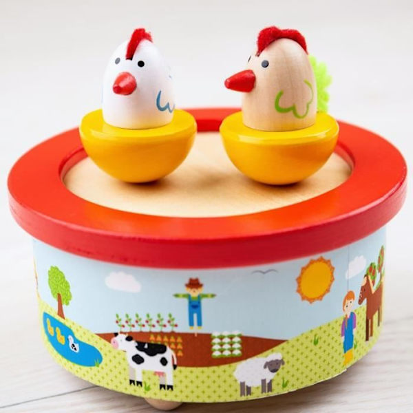 Farm Wooden Music Box - BIGJIGS - To høns danser på gammel McDonald - 12,3 x 6,3 cm Flerfarvet