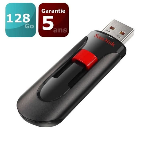 SANDISK Cruzer Glide USB nøgle - 128Gb - 2.0 - Sort / Rød Sort, Rød