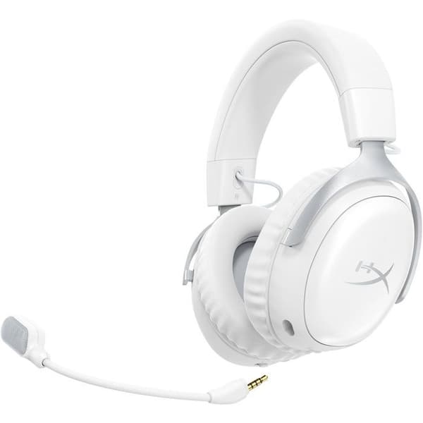 HyperX Cloud III S trådlösa gamingheadset i vitt för PC, Mac, PS5, mobiler och Switch med USB-C till USB-A-adapter och USB-kabel.