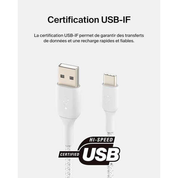 Flätad kabel - BELKIN - USB-C till USB-A - 1 m - Vit Vit