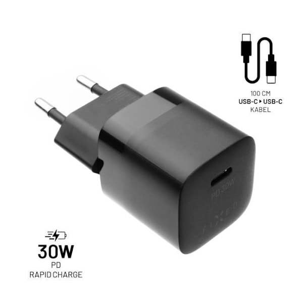 FAST mininetværksoplader med USB-C-udgang og USB-C-USB-C-kabel, PD-understøttelse, 1 meter, 30W, sort