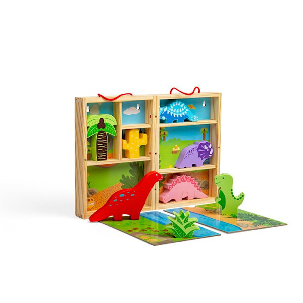 Bigjigs Toys Puinen dinosauruspelilaatikko, jossa on 5 dinosauruslelua ja 2 avautuvaa pelimattoa, lapsille alkaen 18 kuukauden iässä.