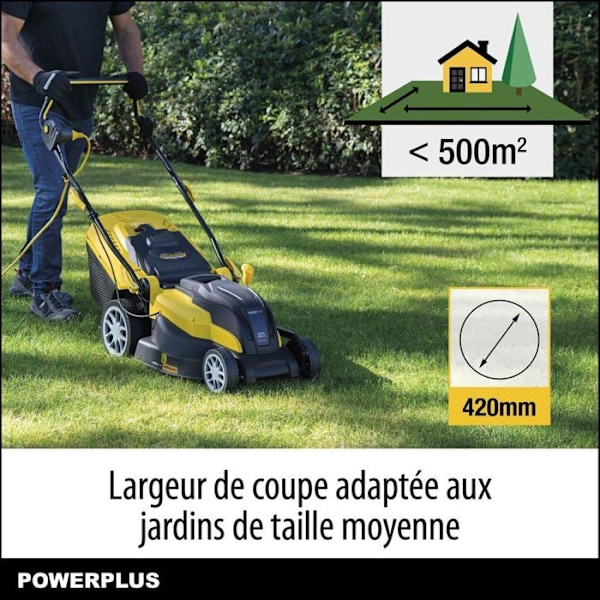 POWERPLUS POWXG6281 Elektrisk Plæneklipper - 2000W, 420mm Ø, Opsamling, Mulching, Bagudkast sort