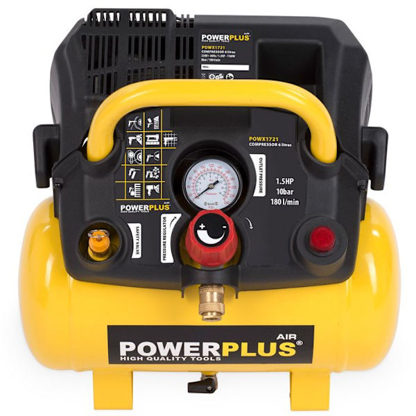 Compresser POWERPLUS - 6 L - 8 bar - 1,5HP - 1100 W - Uden olie Gul