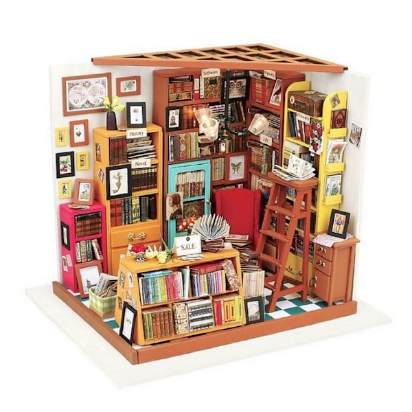 Bibliotek - Robotime - Sam - Trækits - 22,5 x 18,5 x 19 cm - Belysning inkluderet