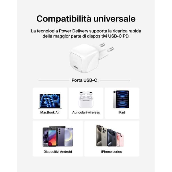 Belkin USB-C Snabbladdare 30W Vägg för iPhone iPad Samsung Galaxy Vit Vit