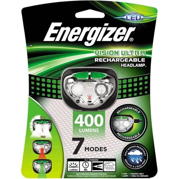 Hovedlygte - ENERGIZER - Vision Ultra HD - Genopladelig USB - 3 lysstyrker - Unisex Grøn, sort
