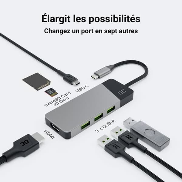 Adaptör HUB 7-i-1 - GREENCELL - GC Connect - 3xUSB-A 3.1 - HDMI 4K 60Hz - USB-C PD 85W