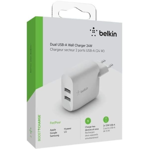 Belkin Dual USB-A hemladdare 12W x2, Vit Vit