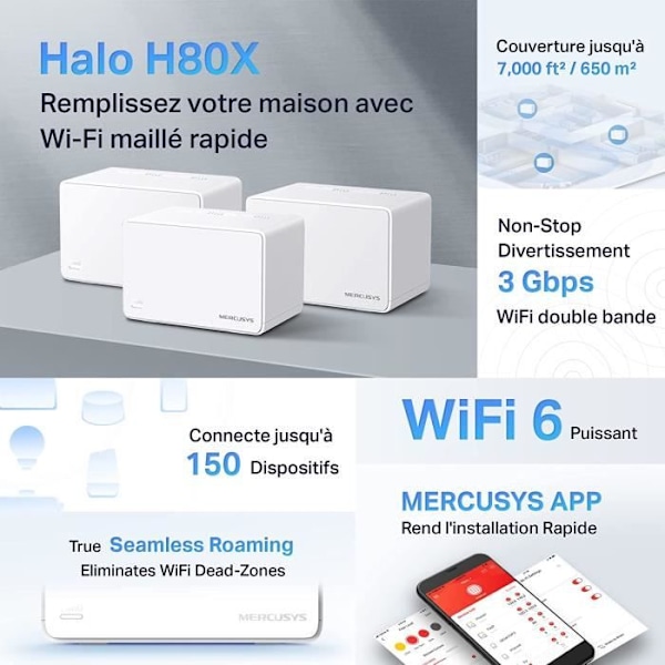 WiFi 6 Mesh AX3000 Mbps - MERCUSYS Halo H80X (3-Pack) - Täckning upp till 650 m² - 3 Gigabit Ethernet-portar för upp till 150 enheter