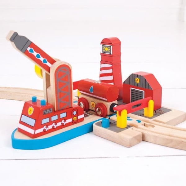 Trælegetøj - BigJigs Toys - Marine brandredning - Jernbanespor søbrandredning Blå, rød og beige
