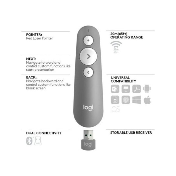 Præsentationsfjernbetjening - Logitech - R500s - Rød laserpointer - 20 meter - Bluetooth 4.0 LE