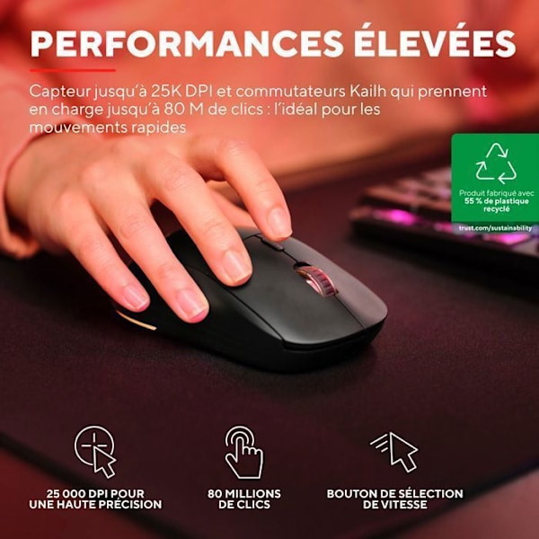 Gamingmus - Trust Gaming - GXT 927 Redex+ - 25K DPI - Trådløs - RGB-belysning