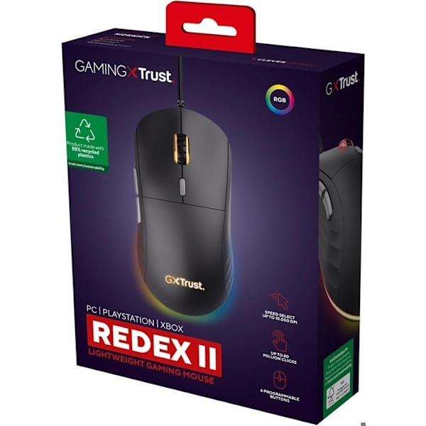 Trust Gaming REDEX kevyt pelihiiri 82g, Kailh Switches 200-10000 DPI 6 ohjelmoitavaa painiketta USB langallinen RGB pelihiiri