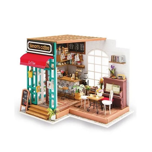 ROBOTIME 3D trædukkehus med lys miniaturekaffehus DIY Model Kit (Simmon's Coffee House) Simons kaffehus