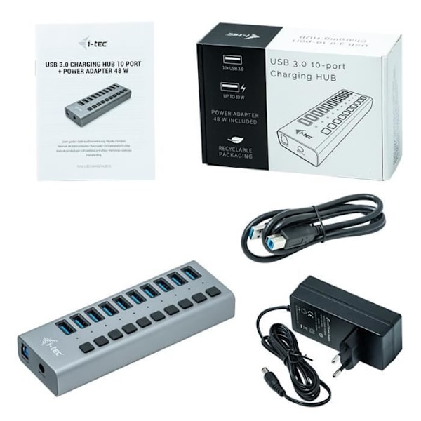 USB 3.0 Hub - I-TEC - Strøm med 10 USB 3.0 porte og 48W strømadapter