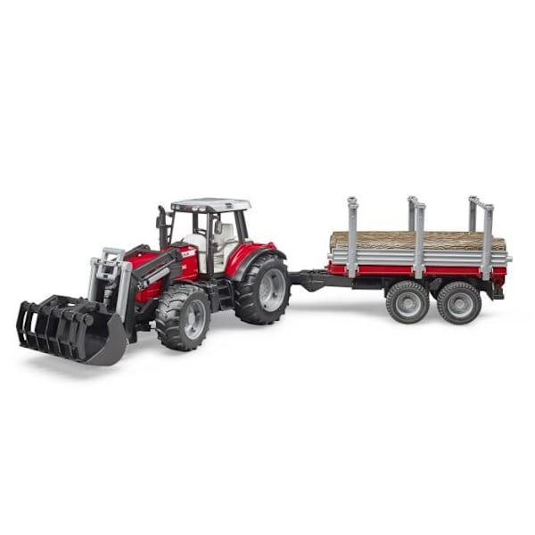 MASSEY FERGUSON 7480 traktori haarukalla ja puunkuljetusperävaunulla - BRUDER