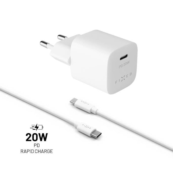 KIINTEÄ Mini USB-C -lähtölaturi ja USB-C-USB-C-kaapelisarja, PD-tuki, 1 metri, 20 W, valkoinen