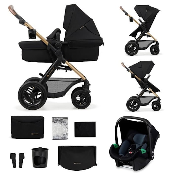 Kinderkraft MOOV2 AIR Barnevogn 3 i 1, Rejse-system fra fødslen til 27 kg, Mink PRO I-Size autostol inkluderet, Sort sort