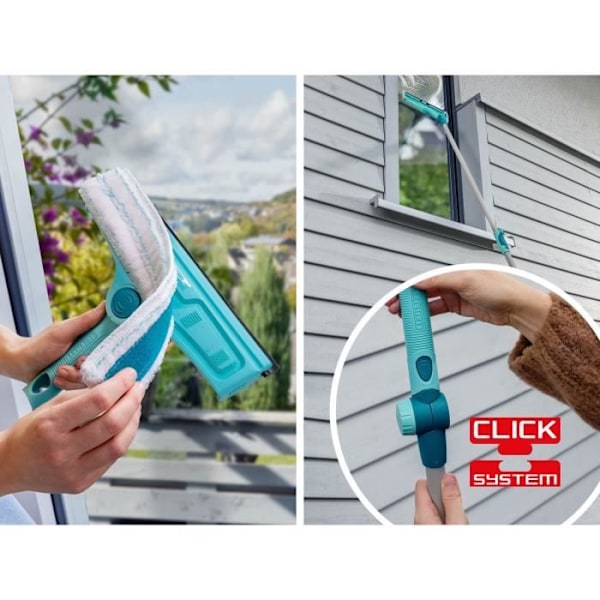 Lave-vindue 4-i-1 med mikrofiberpude Leifheit 51320, vindueskraber 32cm med patenteret ramme rengøringsfunktion Turkos, vit, svart