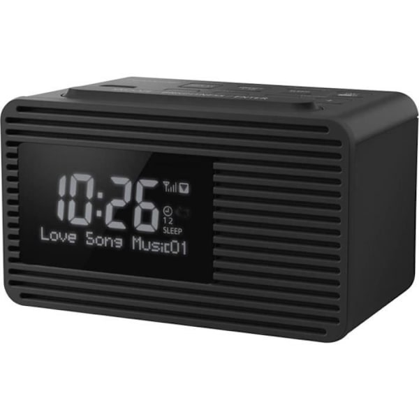 Panasonic DAB/FM vækkeur RC-D8EG-K, FM/DAB/DAB+ frekvenser, 1W USB, ur, strøm eller batteri, dobbelt alarm, sort LCD skærm