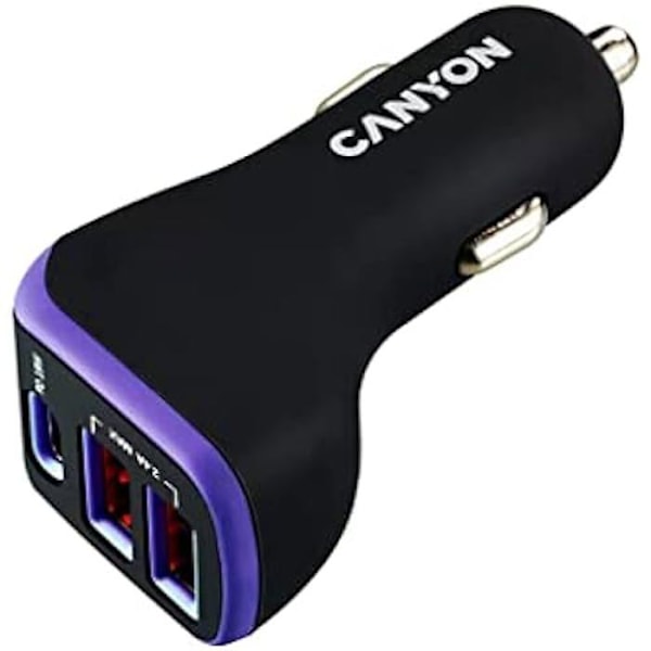 Cigarettænderoplader - CANYON - 3 USB-A- og USB-C-porte - 18W PD - Sort/lilla - Overspændingsbeskyttelse svart/lila