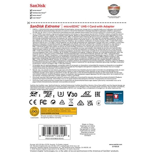 SanDisk Extreme 64 GB UHS-Klasse 3 microSD-kort, stødmodstand, vandtæt