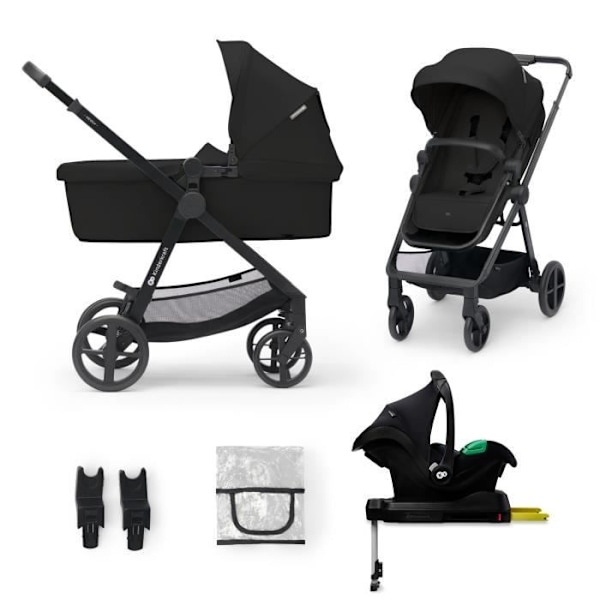Kombineret 4-i-1 Barnevogn - KINDERKRAFT NEWLY - med Autostol og I-size base - Rejse system - Letvægts 7,5 kg - Foldbar - Sort