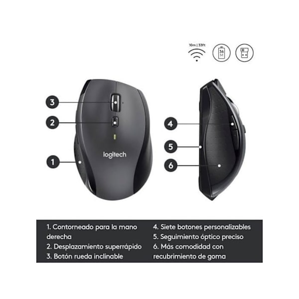 Trådlös mus - Logitech - MARATHON M705 - Ergonomisk - 7 knappar - Optisk Grå