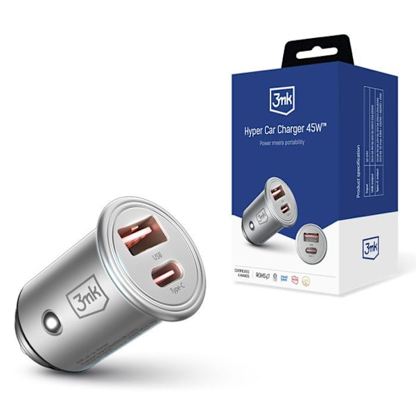 Lisävarusteet - 3mk Hyper 45 W PD QC PPS USB 1A1C Autolaturi Hopea