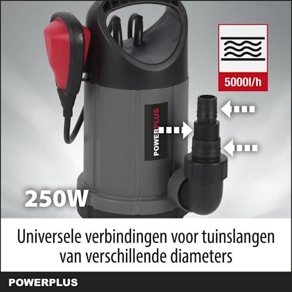 Powerplus Elektrisk Vandpumpe POWEW67902 - Nedsænket Vandpumpe på 250 W, Maksimal 35°C, 5000 l/h, Haveværktøj Grå - Sort