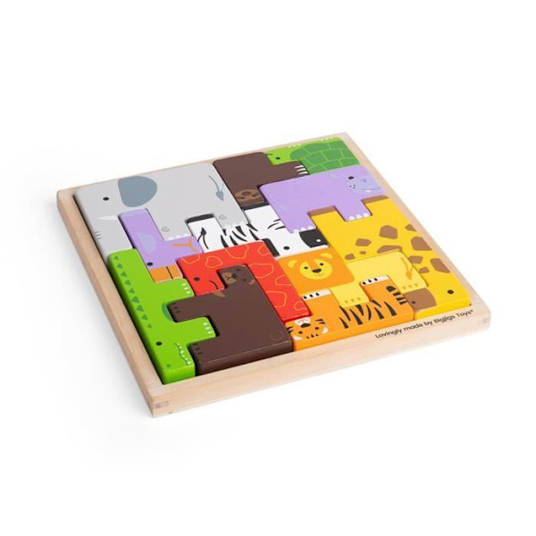Puzzle Animal Lock-A-Block - BIGJIGS - Trælegetøj - Koordination og genkendelse af former og farver