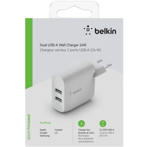 Belkinin kaksois-USB-A-verkkolaturi 12W x2, valkoinen