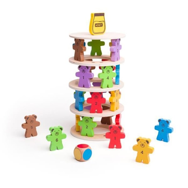 Bigjigs Toys Teddy Tumbling Tower Game - Staplingsspel med 49 delar, träleksaker, för barn från 3 år och uppåt