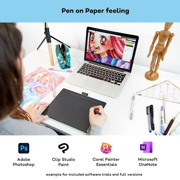 Wacom Intuos M Bluetooth, langallinen ja langaton, 216 x 135 mm, USB-Bluetooth, 7 mm, kynä, 0,25 mm Sort, Grøn