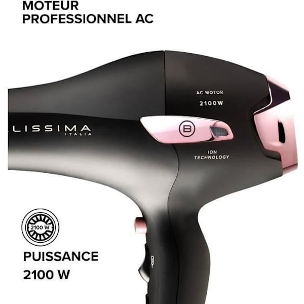 Hårtørrer - Bellissima - Professional Ionic Lightweight P7 3000 - Koncentrator + Diffuser - 3 hurtigtørrende temperaturer - 2100W Sort og pink