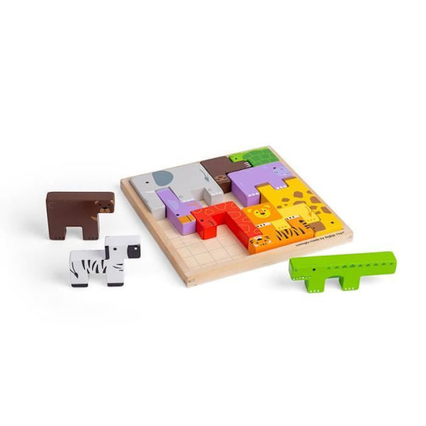 Puzzle Animal Lock-A-Block - BIGJIGS - Trælegetøj - Koordination og genkendelse af former og farver