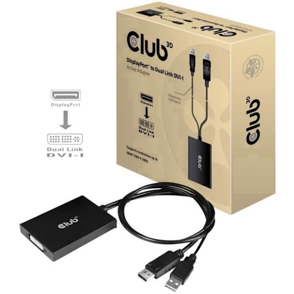 TV-sovitin, club3D CAC-1010 näyttö [1x DisplayPort uros, USB 2.0 tyyppi A uros - 1x DVI naaras 24+5 napaa] musta 1 kpl | KAAPELI -