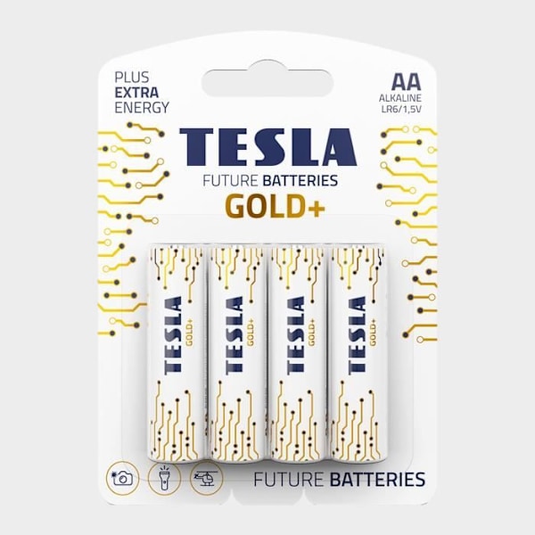 TESLA AA LR6 1,6V Alkaline plus extra energibatterier - Paket med 4 - GOLD+ design