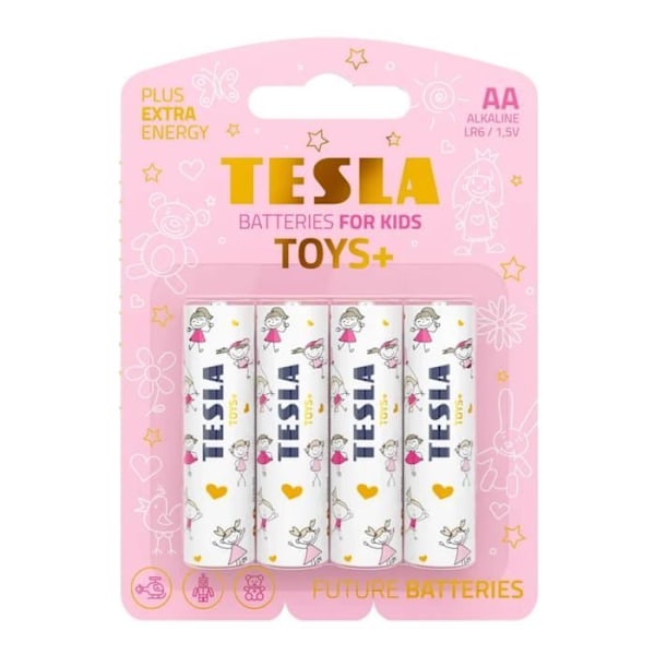 TESLA AA LR6 1,6V Alkaline plus extra energibatterier - Set med 4 - Design barn barn - Färg Rosa