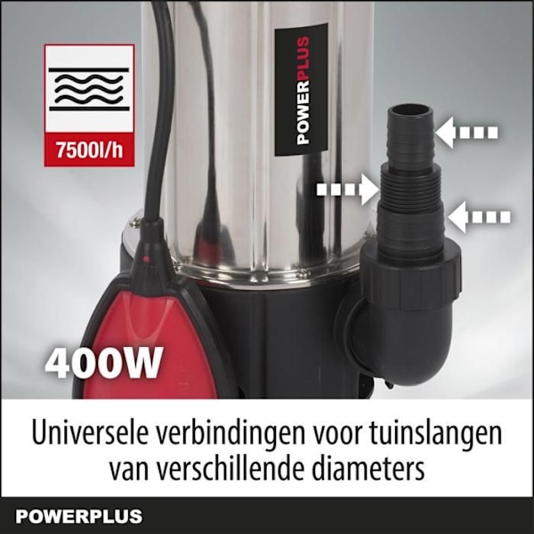Powerplus Elektrisk Vandpumpe POWEW67912 - 400 W Submersibel Vandpumpe, Maksimal 35°C, 7500 l/h, Havemaskiner grå