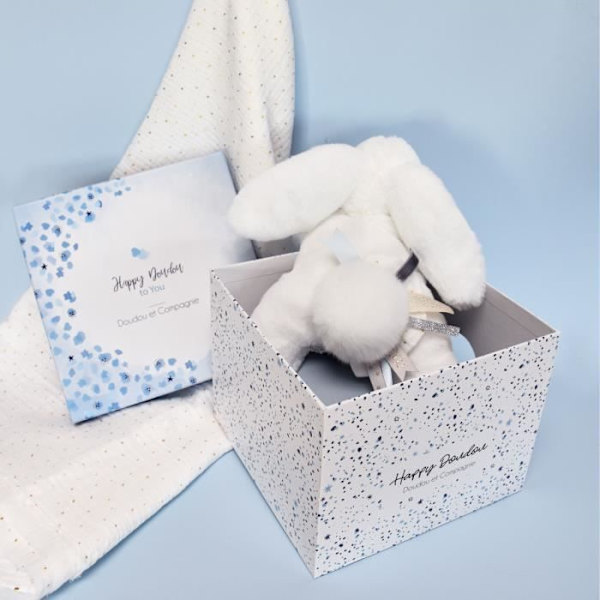 Doudou og Selskab - Plysdyr Kanin - 25 cm - Hvid/Blå Pompon Kanin - Smuk Gaveæske - Happy Glossy - Happy Doudou To You Lyseblå