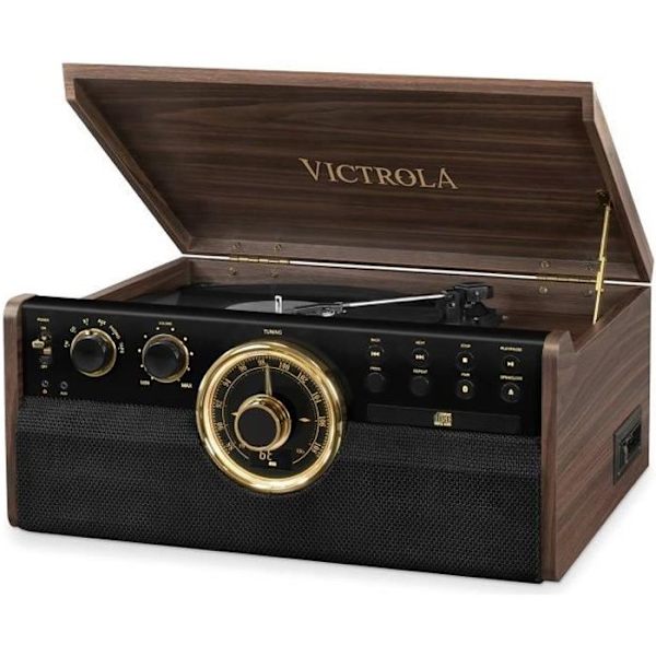 VICTROLA EMPIRE Vinyylilevysoitin - 6 in 1 - Espresso - Radio, Kasetti, CD, Bluetooth - Musta